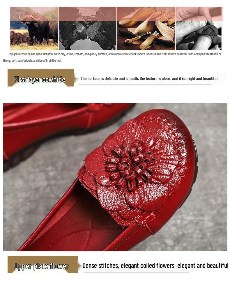 Women's Genuine Leather Non-slip Flat Shoes - Comfortable Round Toe for Middle-aged & Elderly