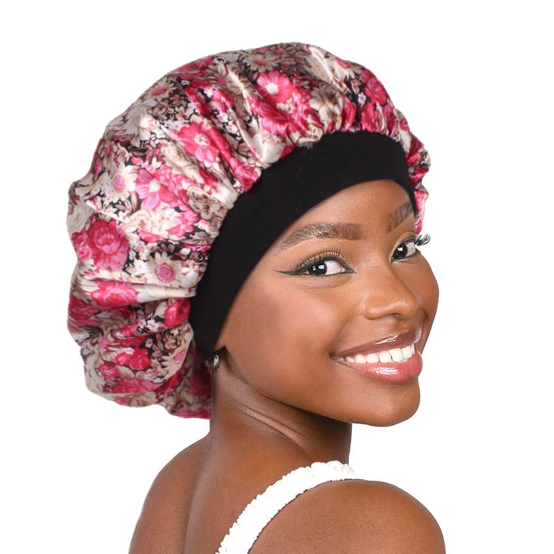 Women Satin Bonnet Elastic Wide Band Floral Printing Night Sleep Hat Hair Loss Head Wrap Chemo Hair Care Shower Makeup Cap