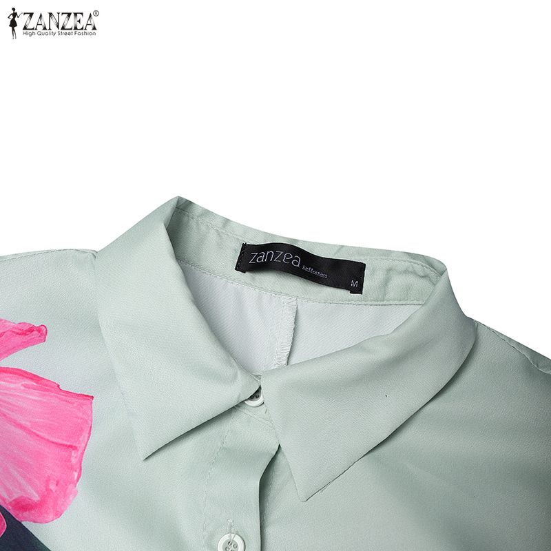 ZANZEA Women Casual Turn Down Collar Short Sleeve Print Shirt Dress