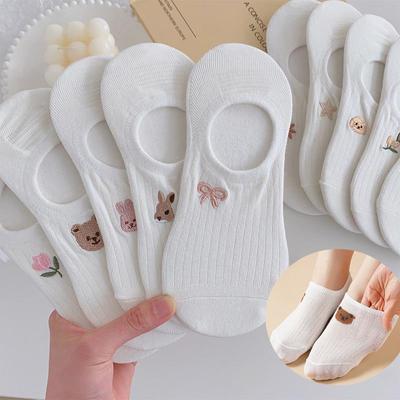 Women's Summer White Animal and Plant Cute Embroidery Invisible Socks Silicone Non-slip Socks