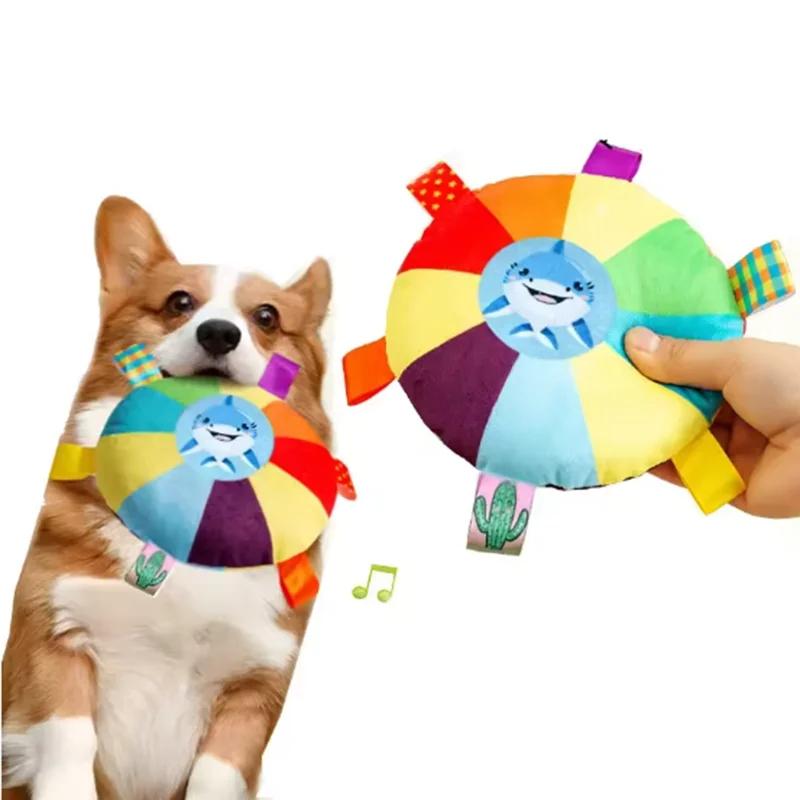 Squeaky Plush Dog Toy Colorful Round Shark Pet Chew Toy Bite-Resistant Teeth Cleaning Toy for Small Medium Dogs
