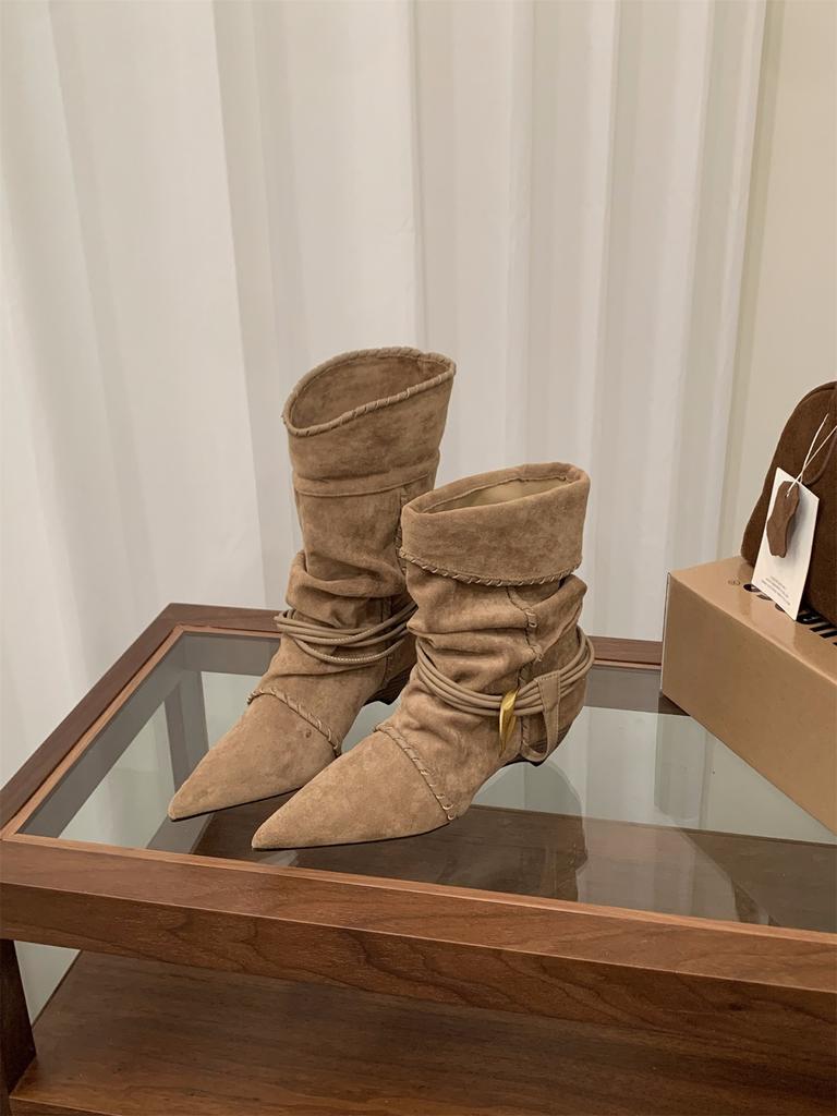 Thick Heel Pointed Suede Pile Boots Medium Knight Boots Women's Boots Season Western Cowboy Skinny Boots