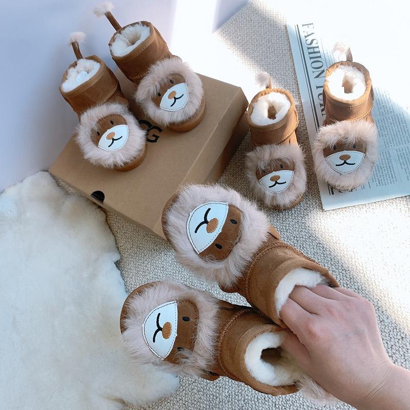 Genuine Leather and Fur Short Boots Little Lion Cartoon Snow Boots for Children Non-slip Warm Cotton Shoes