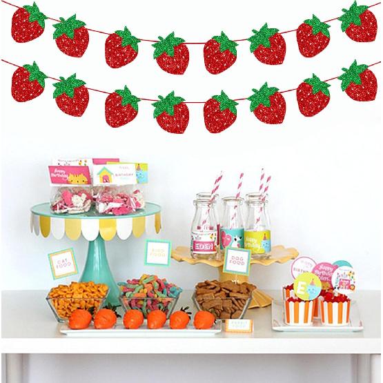 TSJ Strawberry Banner Garland Decor Glitter Berry Hanging Decorations Strawberry Themed Party Favors for Birthday Party Baby Shower