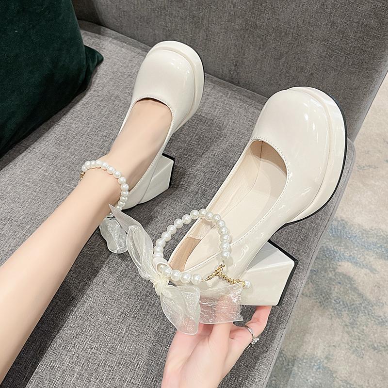 Women's new autumn chunky single shoes round head shallow mouth butterfly knot beaded platform high heels