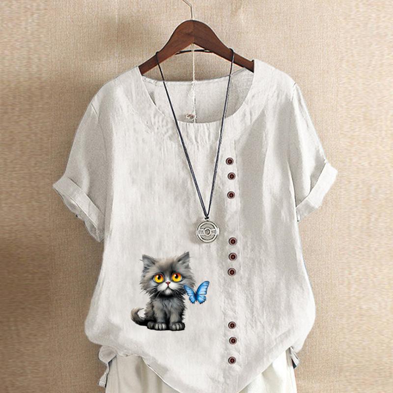 

Женская мода Кошки и взаимодействие Принт с коротким рукавом Футболка Свободная хлопковая рубашка Повседневная свободная летняя блузка Топы размера плюс 5XL белый