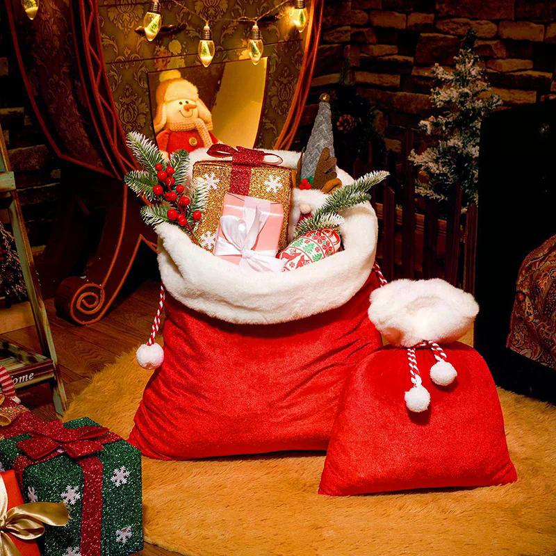 Plüsch Weihnachts-Nikolaussack Kordelzug mit Pompon für Kinder Luxus Weihnachtsgeschenktasche Frohe Weihnachten