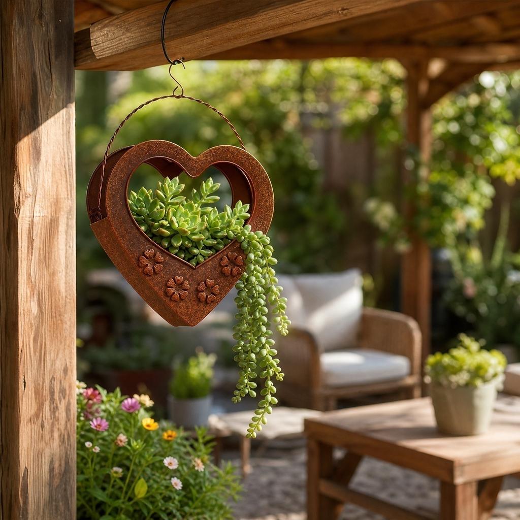 Metal Hanging Planter with Heart-Shaped Frame and Floral Ironwork Garden Decoration Suitable for Outdoor Patio Balcony and Indoor Use