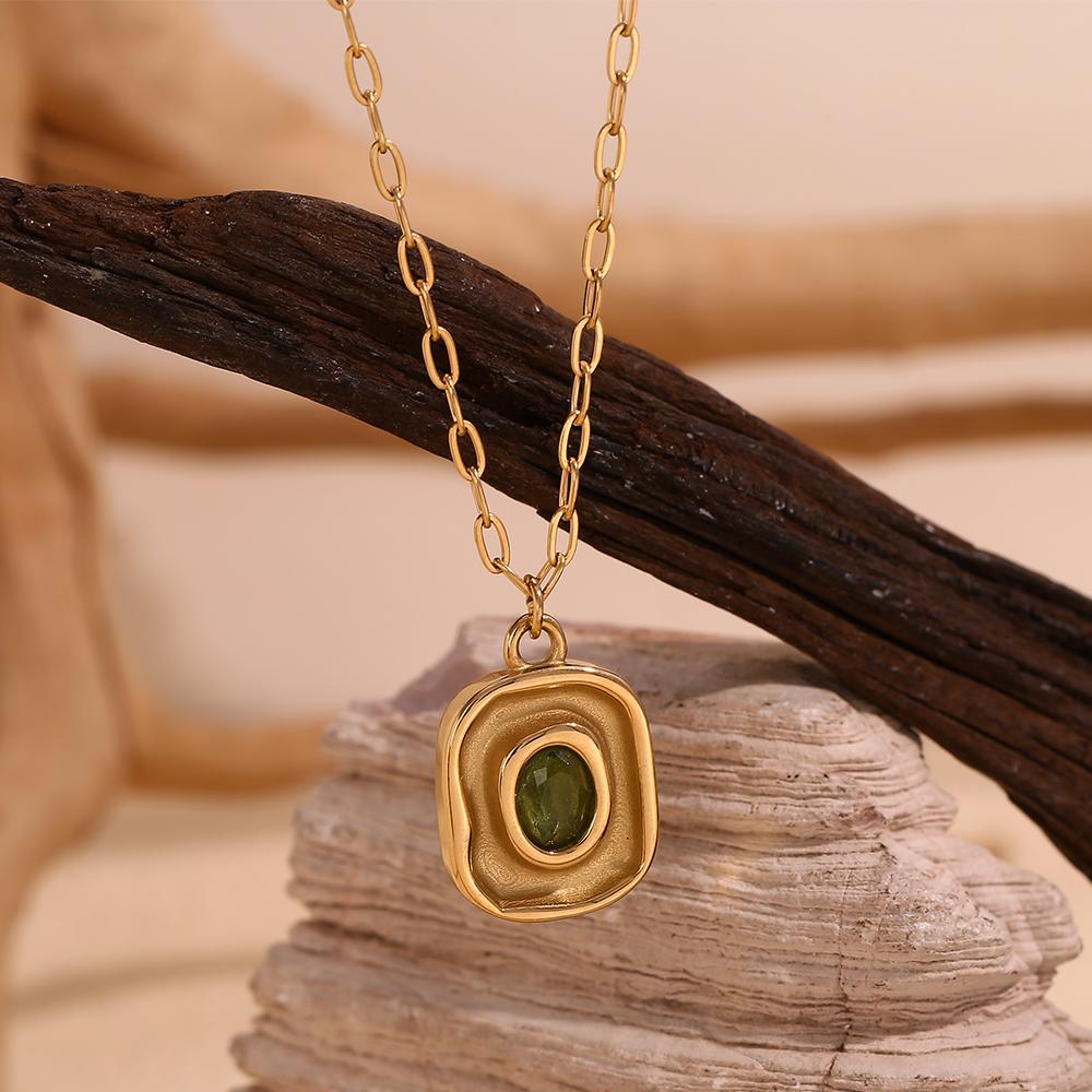 MamacitaSlay Pendentif Irrégulier Rétro Zircon Vert Rond Chaîne Agrafe Collier Femme Bijoux Tendance pour Femme Acier Inoxydable