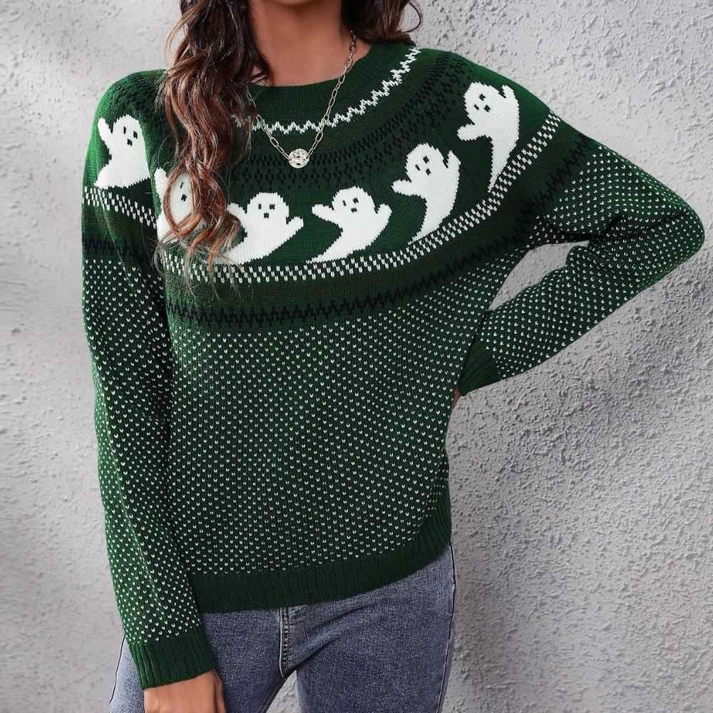 IHUASU Damen Herbst- und Winter Retro Polka Dot Langarm Strickpullover Locker