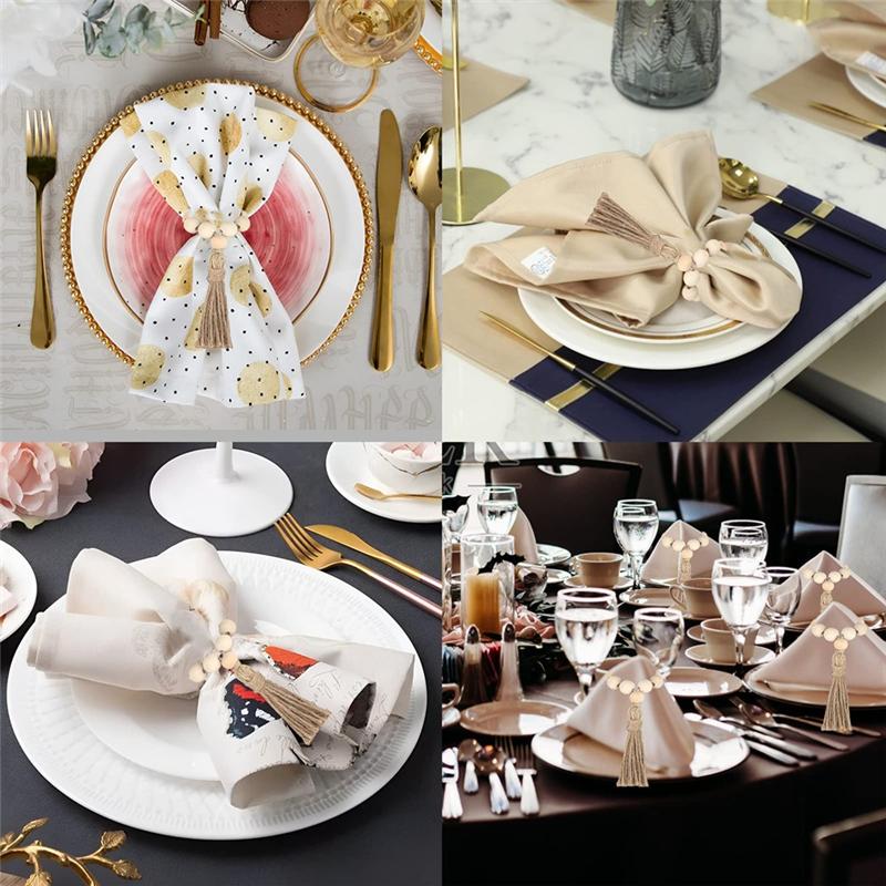 M-Modern-12PCS Natural Wooden Beads Napkin Rings With Tassels Napkin Holders For Christmas Farmhouse Wedding Home Table Decor
