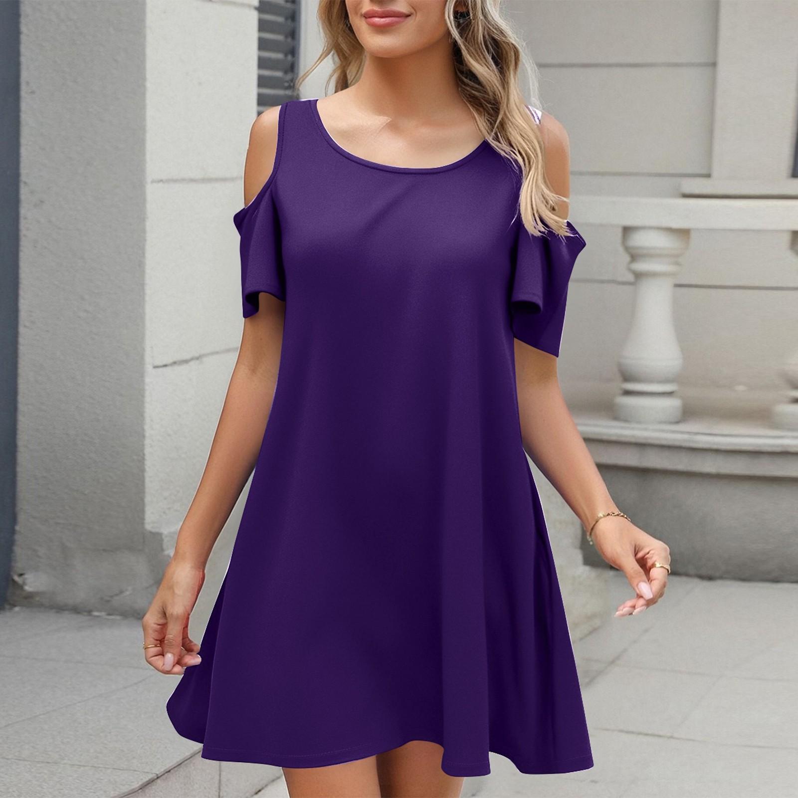 

Женское модное однотонное повседневное платье с карманом и открытыми плечами M фиолетовый