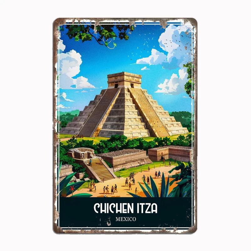 Древние руины Чичен-Ица Мексика Туристический Постер Металлическая Вывеска Постер Декор Гаража Комнаты Автомобильный Клуб Жестяная Домашний Декор 20x30cm（7.8x11.8inch）