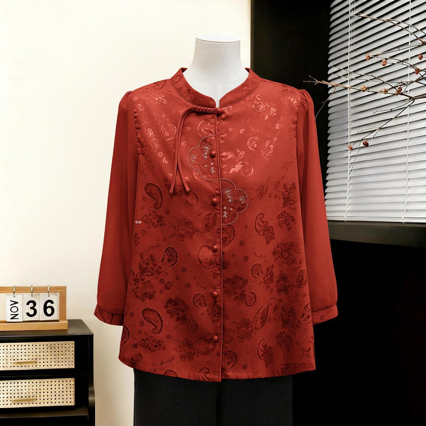 Chinese Jacquard Frog Button Mesh Shirt - Seven-Sleeve Chiffon Cardigan for Spring/Summer 2026 XL for below 105 jin красный