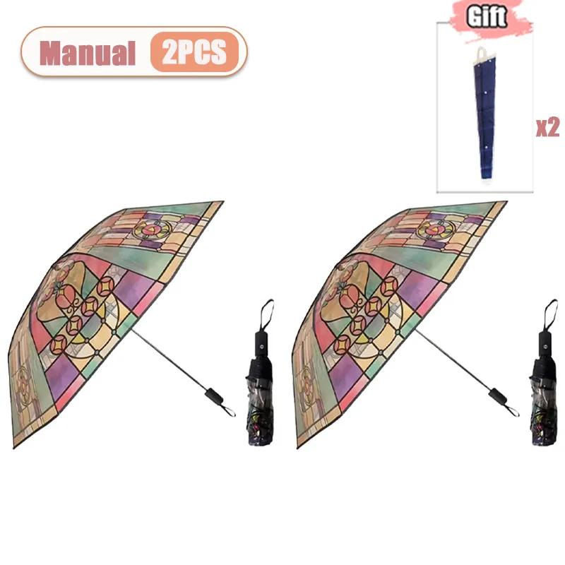 1/2/3PCS Hand-Painted Transparent Umbrellas Stained Glass Print  Long Handle Romantic Unisex Rain Sun Protection Parasol