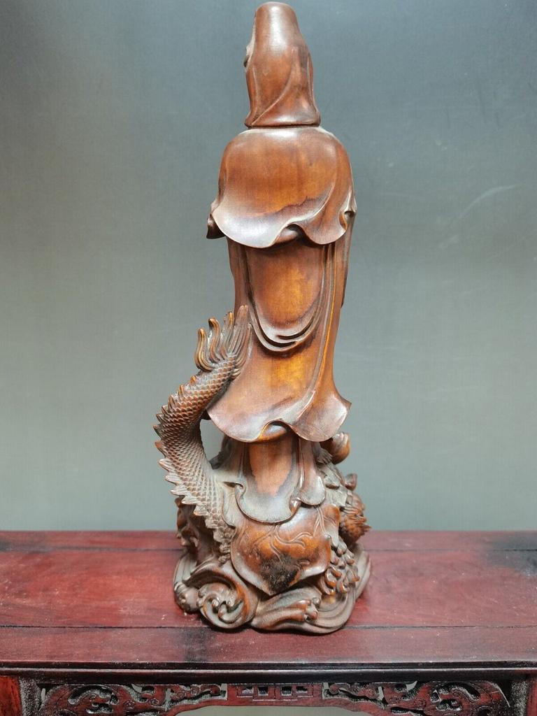 Chinese Antique Boxwood Carved Dragon Kwan Yin Statue Home Decor Sculpture Art