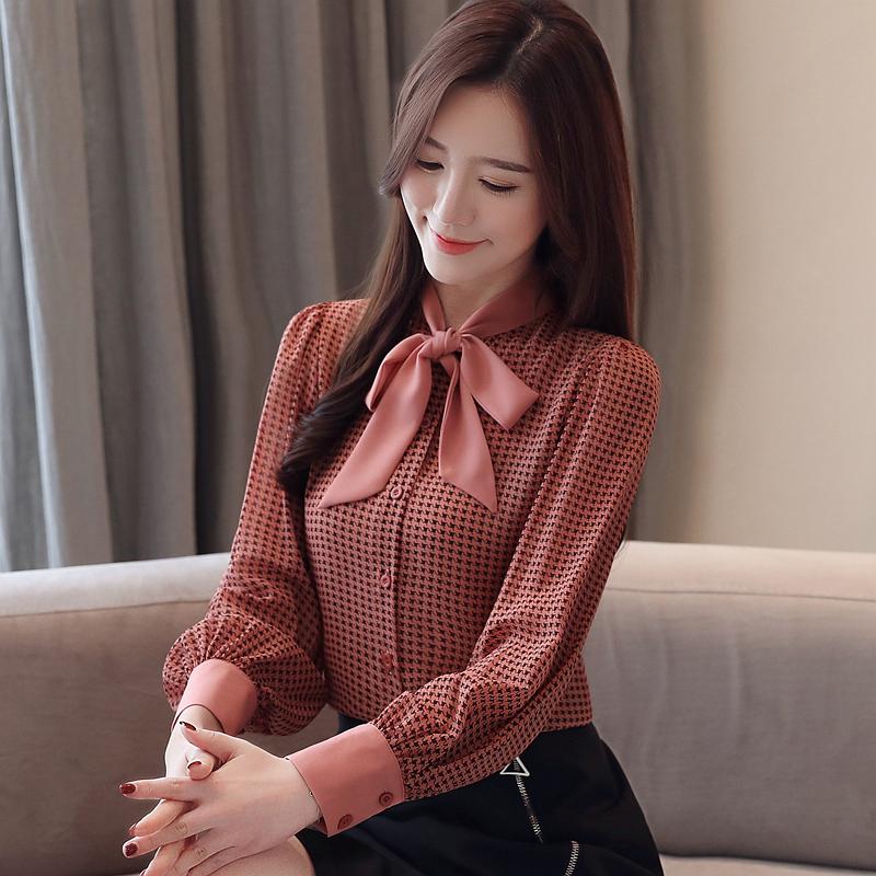 Fashion New 2024 Autumn Long Sleeve Bow Collar Casual Plaid Chiffon Blouse Shirt Women Tops Blouses Shirts J667
