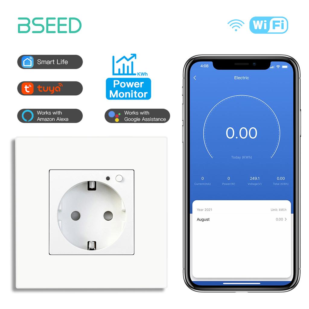 BSEED EU Smart Wifi Control Power Monitor Sockets 16A 110V-250V Power Wall Sockets Plastic Flame Support For Tuya Google Alexa