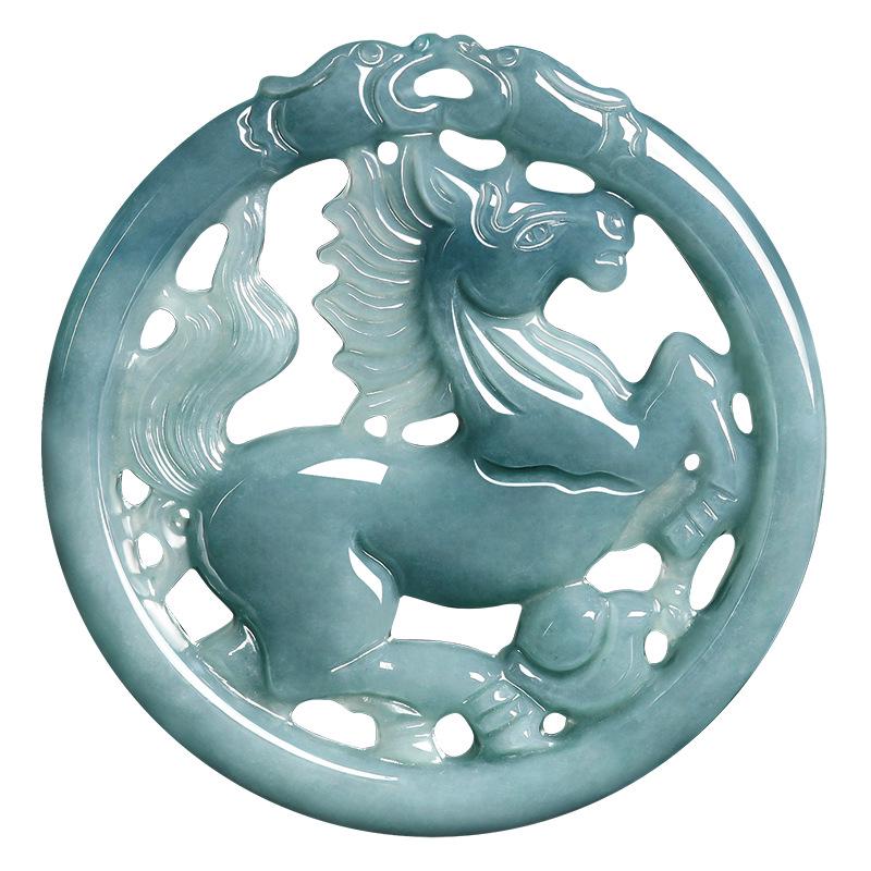 Pendente Zodiacale Cavallo in Giada Blu Naturale per la Buona Sorte