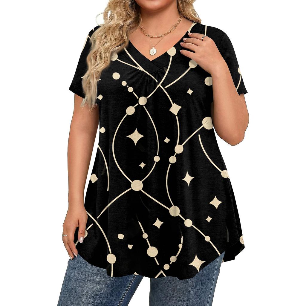 Blusa Casual Elegante Feminina Plus Size, Manga Curta, Decote V, Corte Amplo, Para o Trabalho