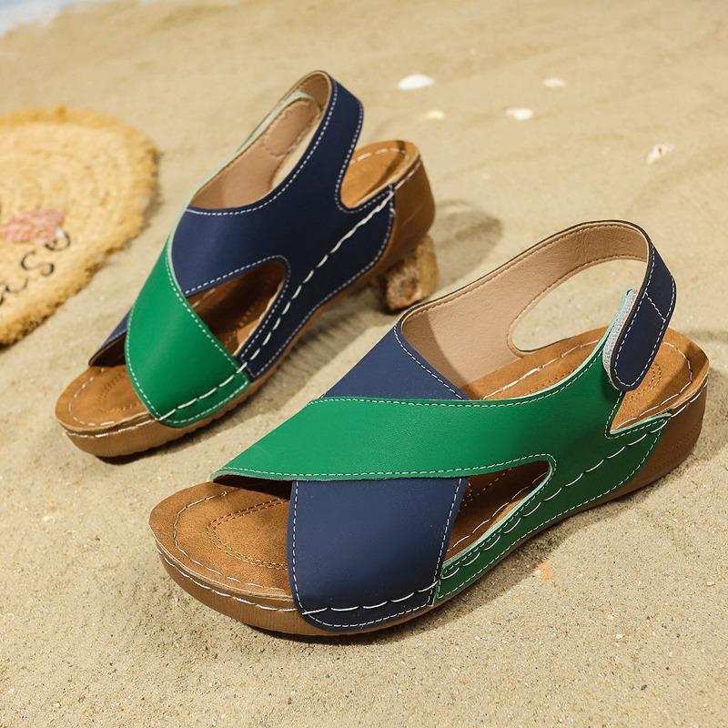 Spring and summer new flat-bottomed wedge heel fish mouth sandals women's color matching large-size muffin thick-soled hollow beach sandals
