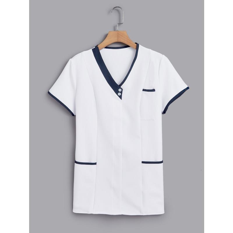 Women Solid Color Short-Sleeve V-neck Top Nurse Work Uniform Pocket Top