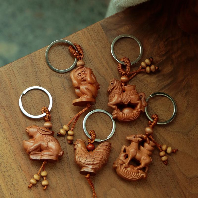 Peach & Jujube Wood Zodiac 3D Keychain: High-End Guardian Amulet Jewelry.