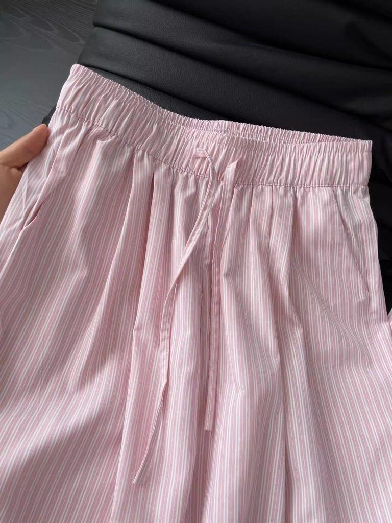 Unisex Blue Vertical Striped Casual Pants: Korean Summer Style, Floor-Length, Straight Wide-Leg, High-End Feel