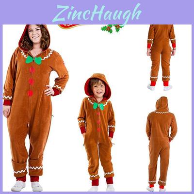 Xmas Party Hooded Jumpsuits For Kids Adult Gingerbread Man Cosplay Costume