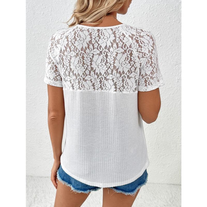 Sommer Damen Hohlspitze Spitze V-Ausschnitt Lose T-Shirt Kurzarm Tops