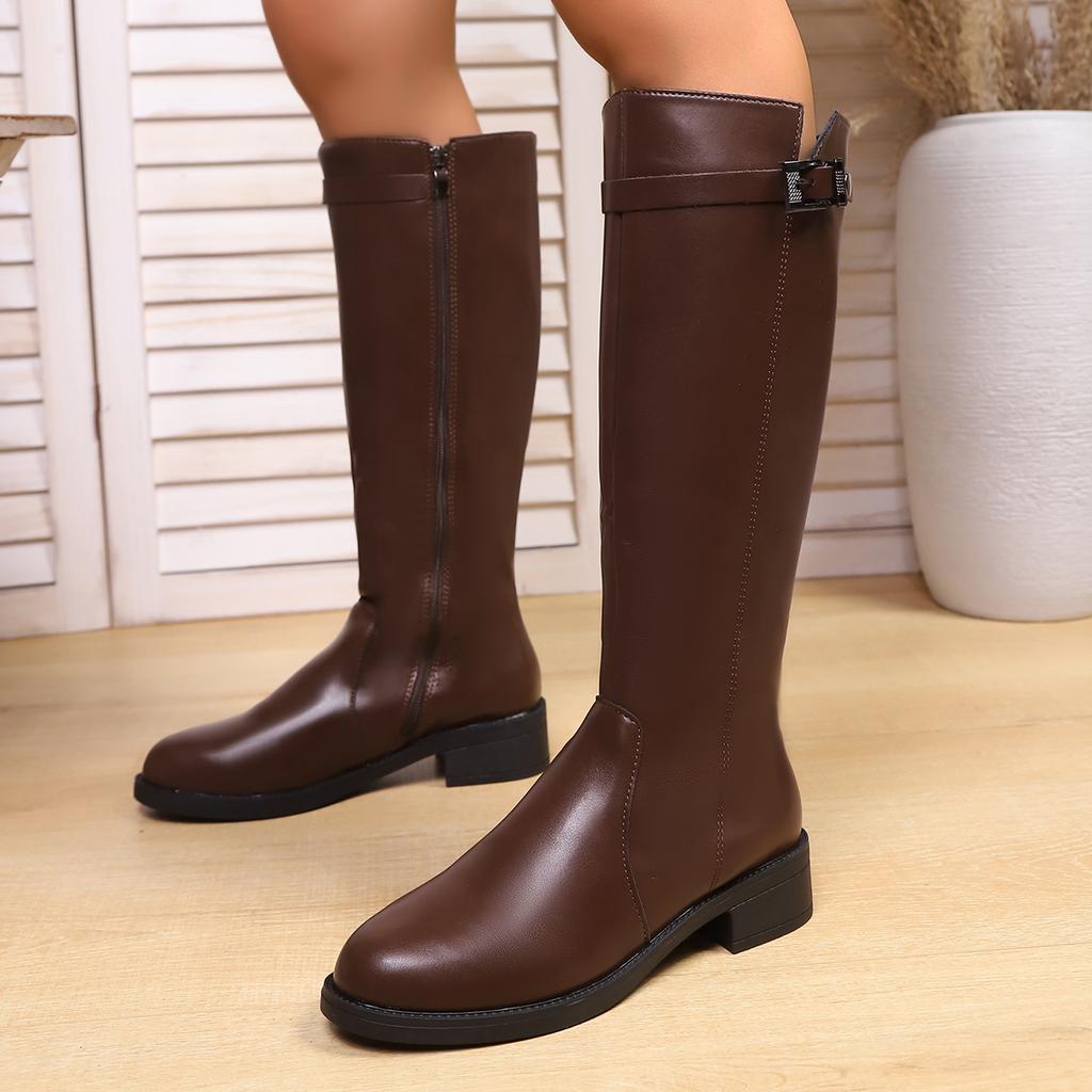 Vintage Women Slim Knee-High Boots Fashion Belt Buckle Shoes Autumn Winter Low Heel Shoes Ladies Comfortable Modern Long Booties