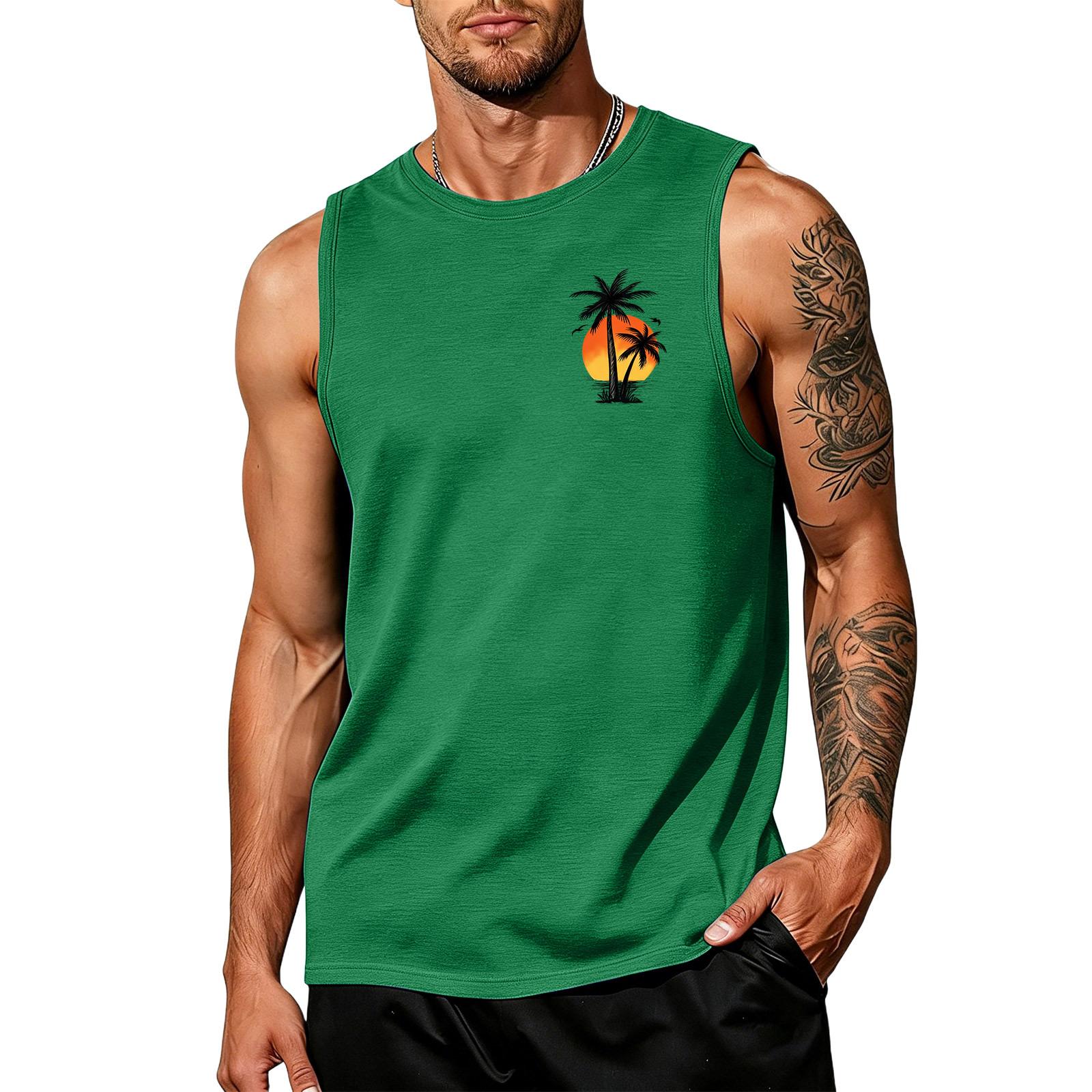 

Men Sleeveless Muscle Tank Top Crew Neck Relaxed Fit Tree Print Lightweight Casual Shirt for Summer Workout Beach XXXXXL зелёный