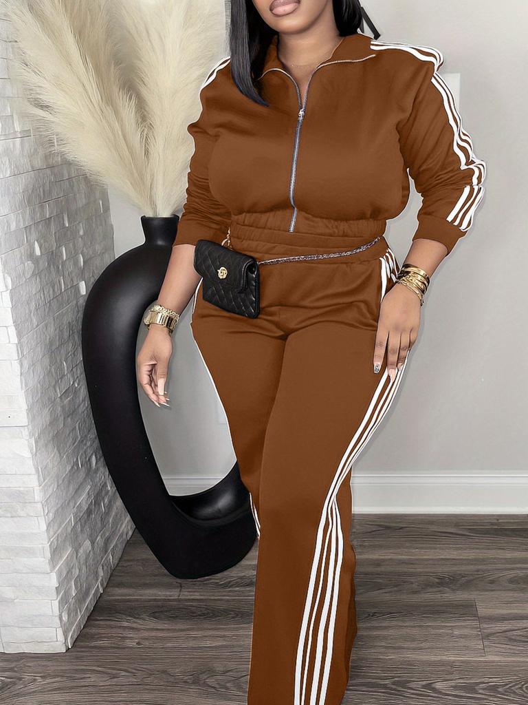 Women's Zip Front Hoodie and Side Stripe Pants Tracksuit Set