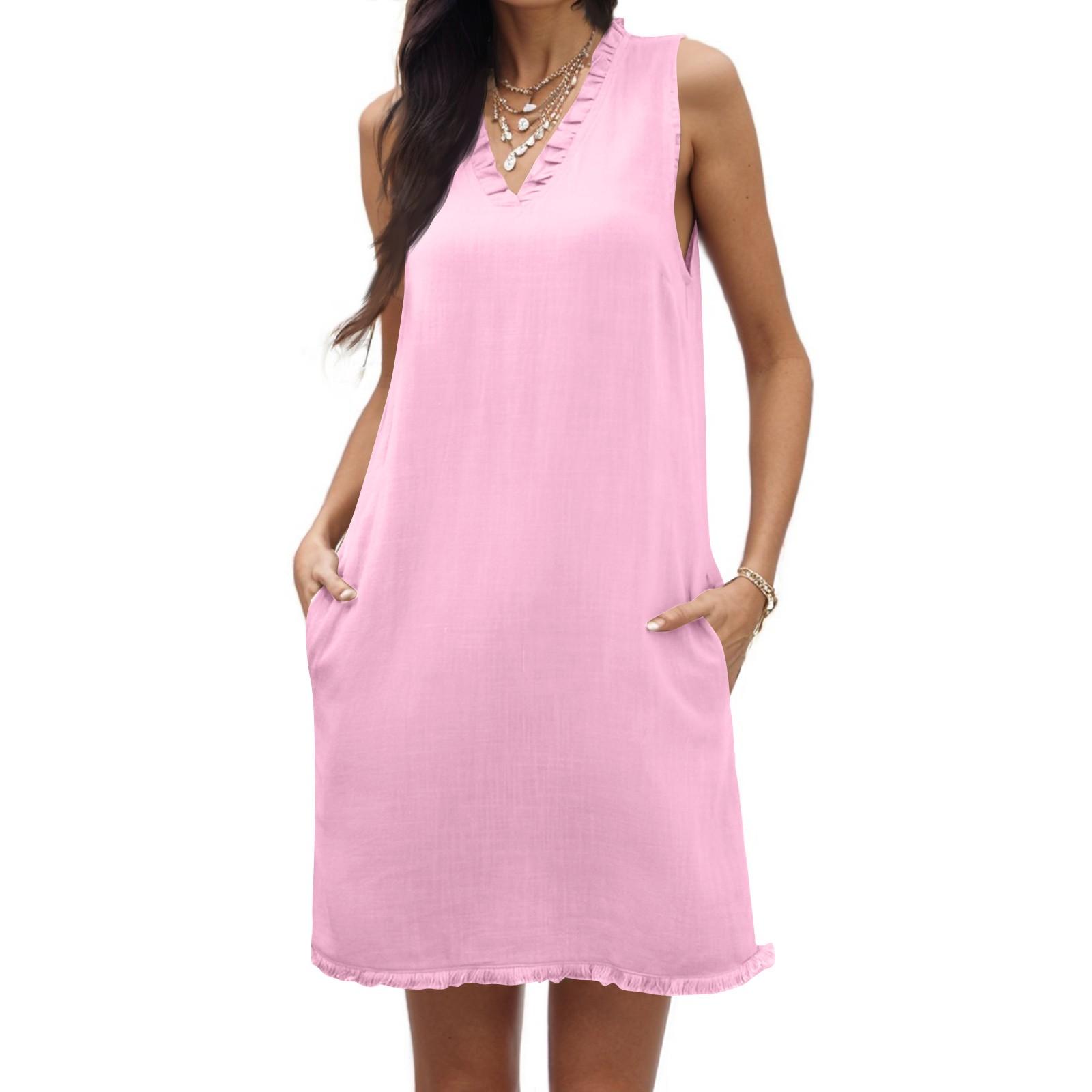 

Women s Summer Dress Casual Sleeveless Ruffle Deep V Tie Pocket Dress M рожевий