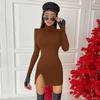 נשים אביב סתיו שרוול ארוך Bodycon צבע מוצק שחור חבילה דקה היפ מיני שמלת בגדי רחוב
