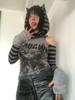 Gothic Striped Patchwork Hoodie Tops Women Japanese Style Vintage Punk Cat Print Sweater Y2k Hollow Out Slim Pullovers Soft Gril 2000s
