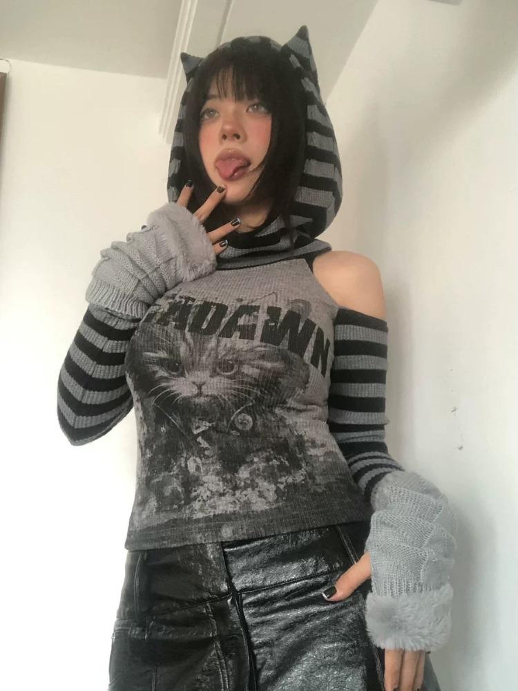 Gothic Striped Patchwork Hoodie Tops Women Japanese Style Vintage Punk Cat Print Sweater Y2k Hollow Out Slim Pullovers Soft Gril 2000s