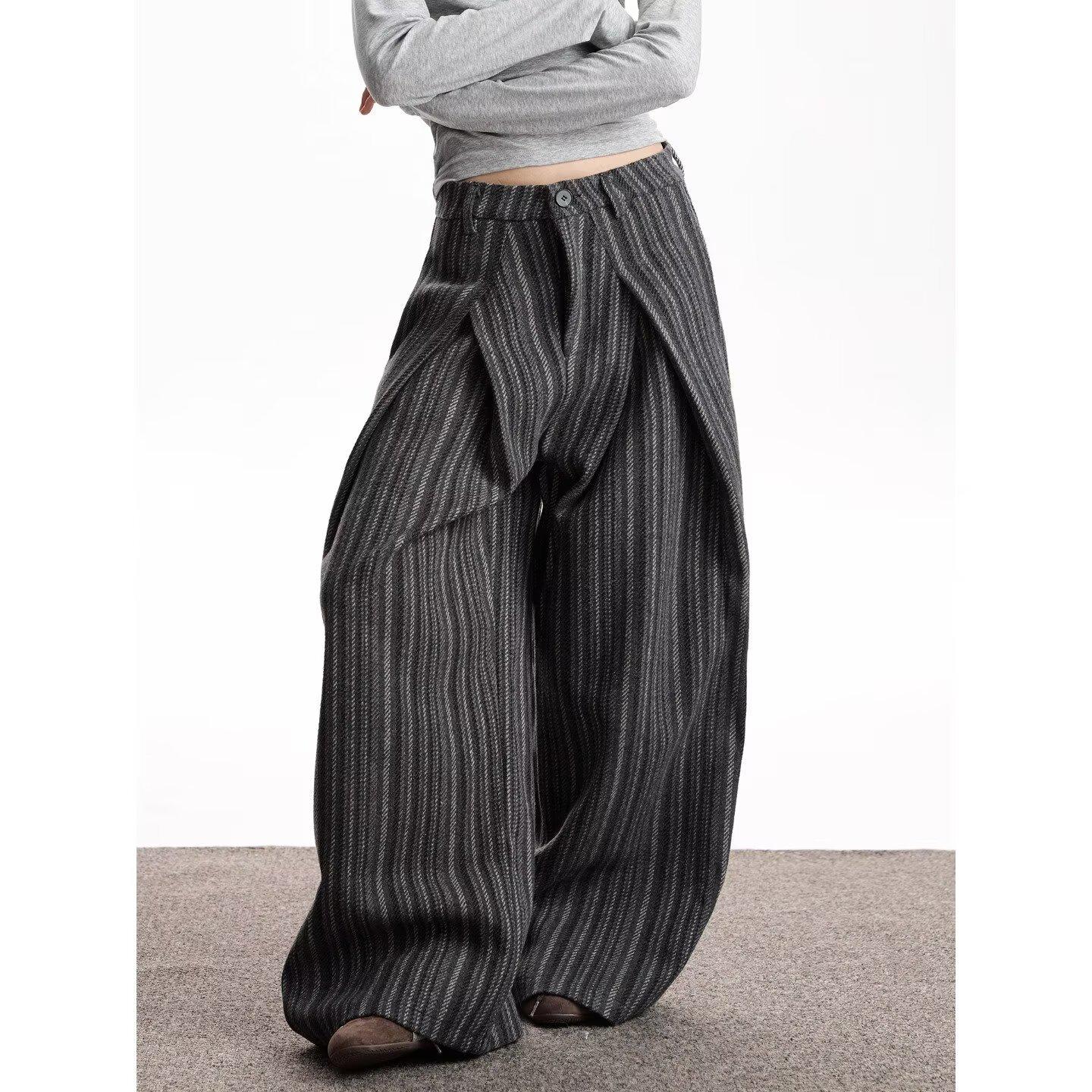 Harajuku Trendy Japanese Striped Wool Pleated Casual Pants 3XL