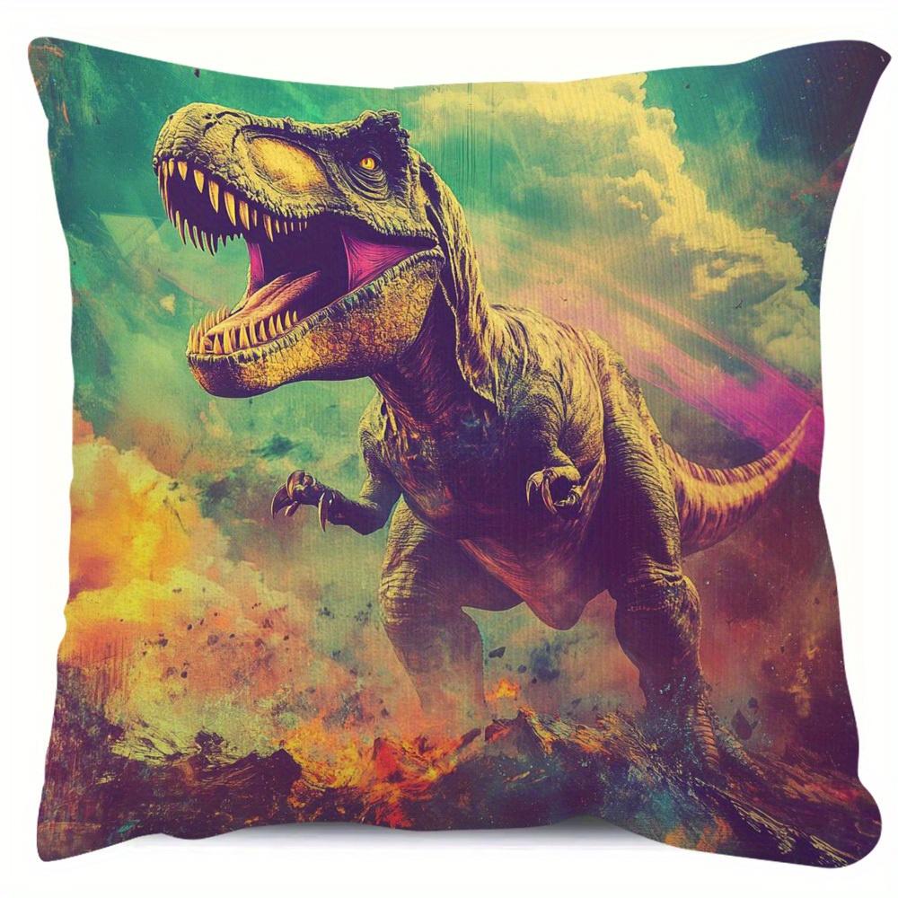1pc, Realistic Dinosaur Retro Style Decorative Pillowcase, Short Plush, Single-Sided Printing, Vivid Dinosaur Design with Flame Background, Zipper Clo