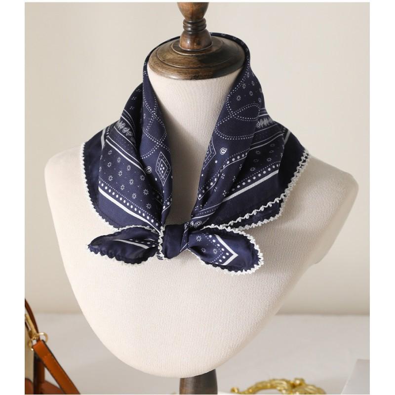 Vintage Navy Blue Silk Square Scarf Women 100% Mulberry Breathable Neck Protection Professional Light Mature Style Small
