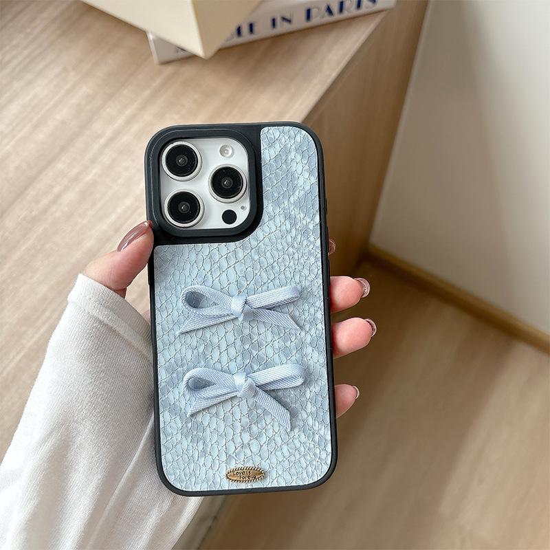 Solid Color Snakeskin Pattern Mobile Phone Case for IPhone17pro Three-dimensional Bow for Apple 16plus Simple and Light Luxury