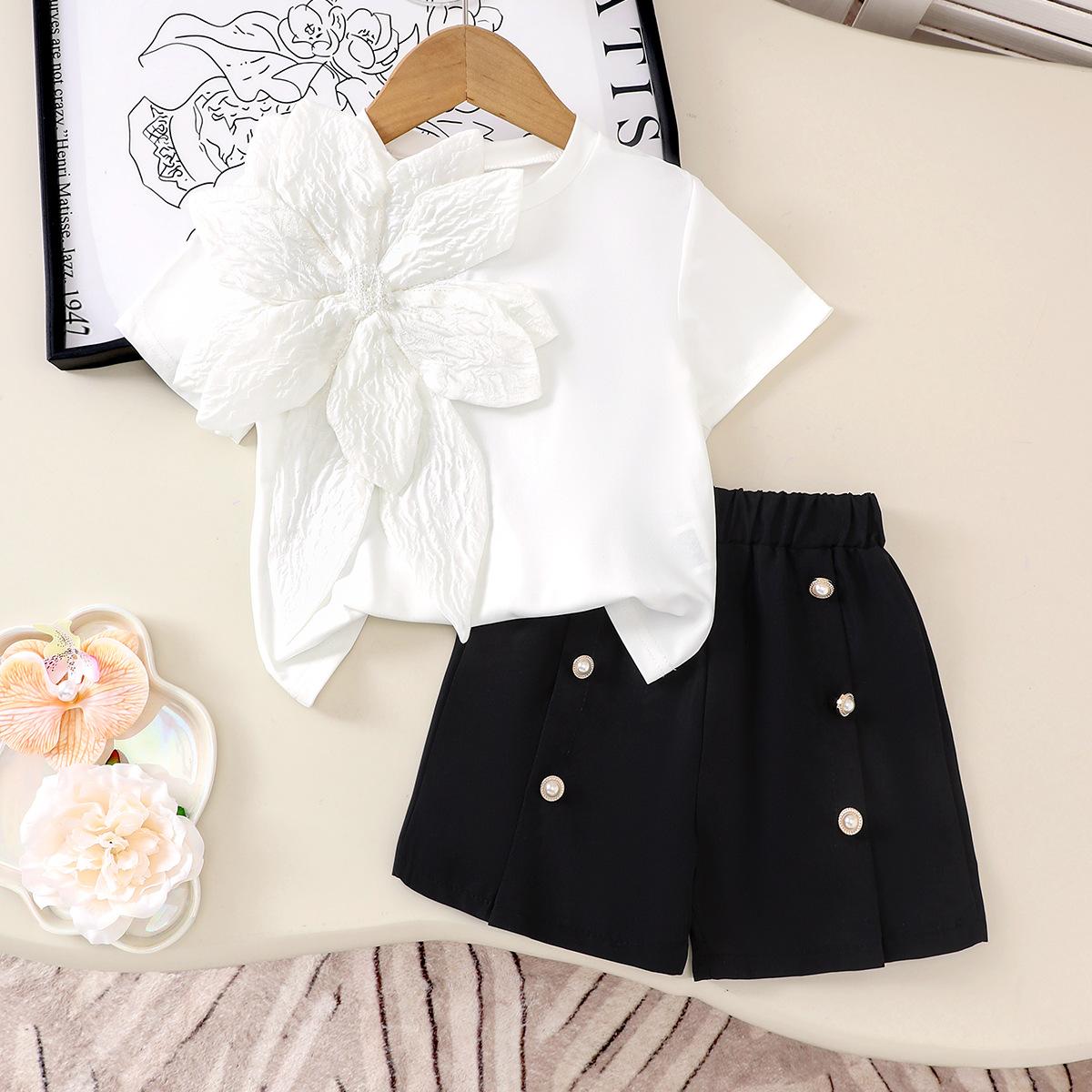 

Summer Hot-Selling Girls Set for Young Children Solid Color Short Sleeve T-Shirt + Shorts 7Y білий