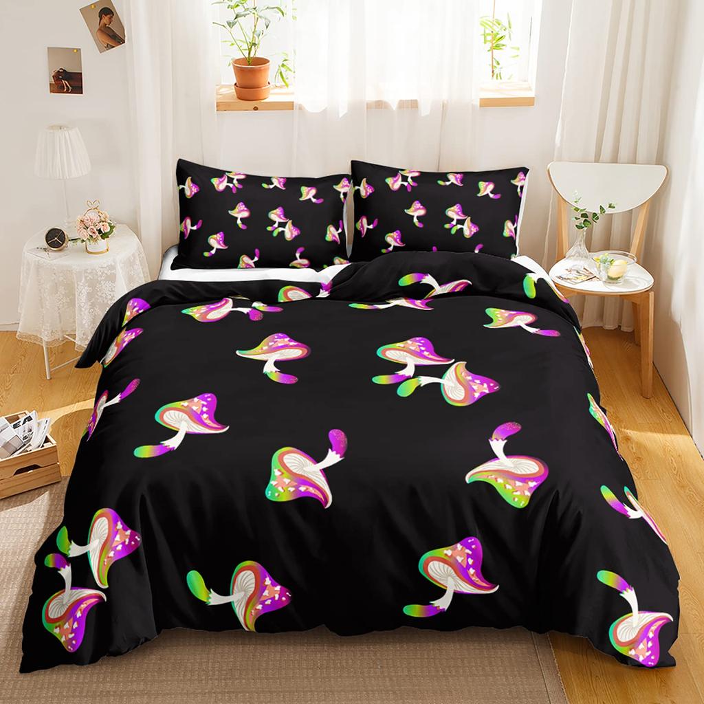 Mushroom Duvet Cover Colorful Gold Pattern Cartoon Plant Beddings for Teen Boys Girls Kids,Queen/King Microfiber Comforter Cover