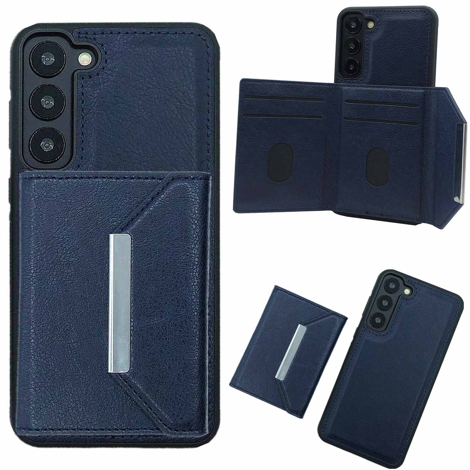 

For Samsung Galaxy S22 5G Case with Detachable Card Bag Leather+TPU Phone Cover Kickstand Sapphire