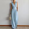2026 Womens Sleeveless Solid Color High-Waist Wide-Leg Jumpsuit Elegant Casual Office Wear