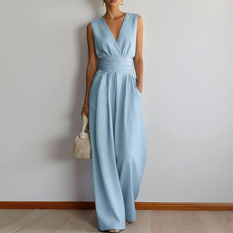 2026 Womens Sleeveless Solid Color High-Waist Wide-Leg Jumpsuit Elegant Casual Office Wear