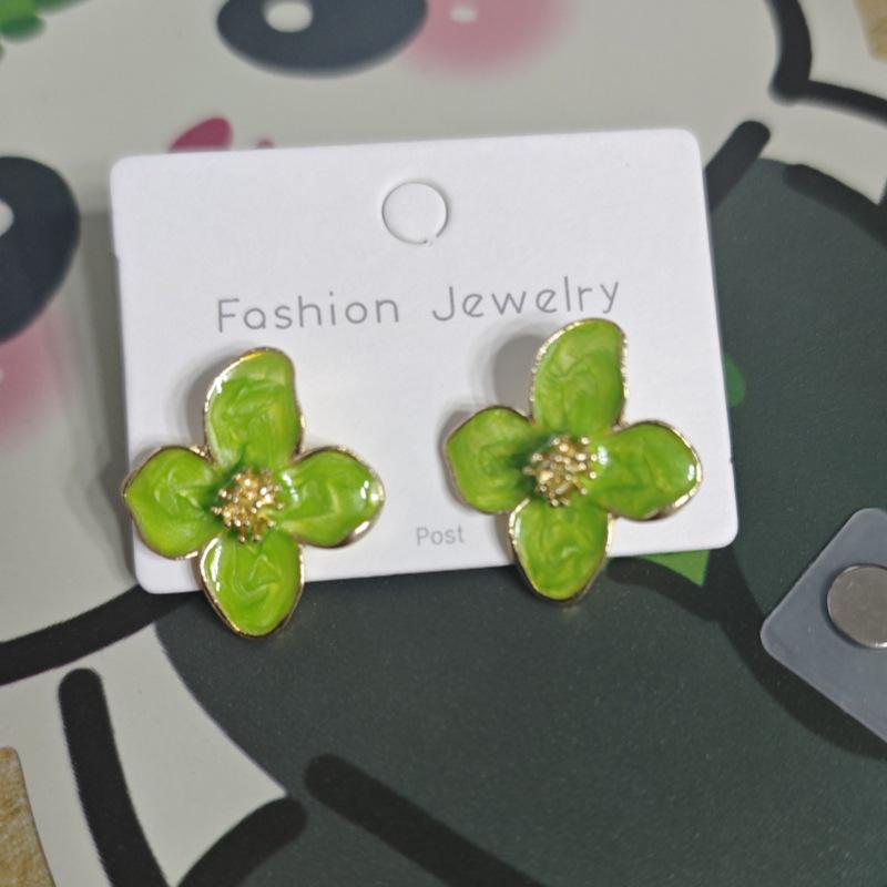 925 Silver Hibiscus Red Flower Stud Earrings - Retro Hong Kong Style with Three-Dimensional Drip Glaze Design