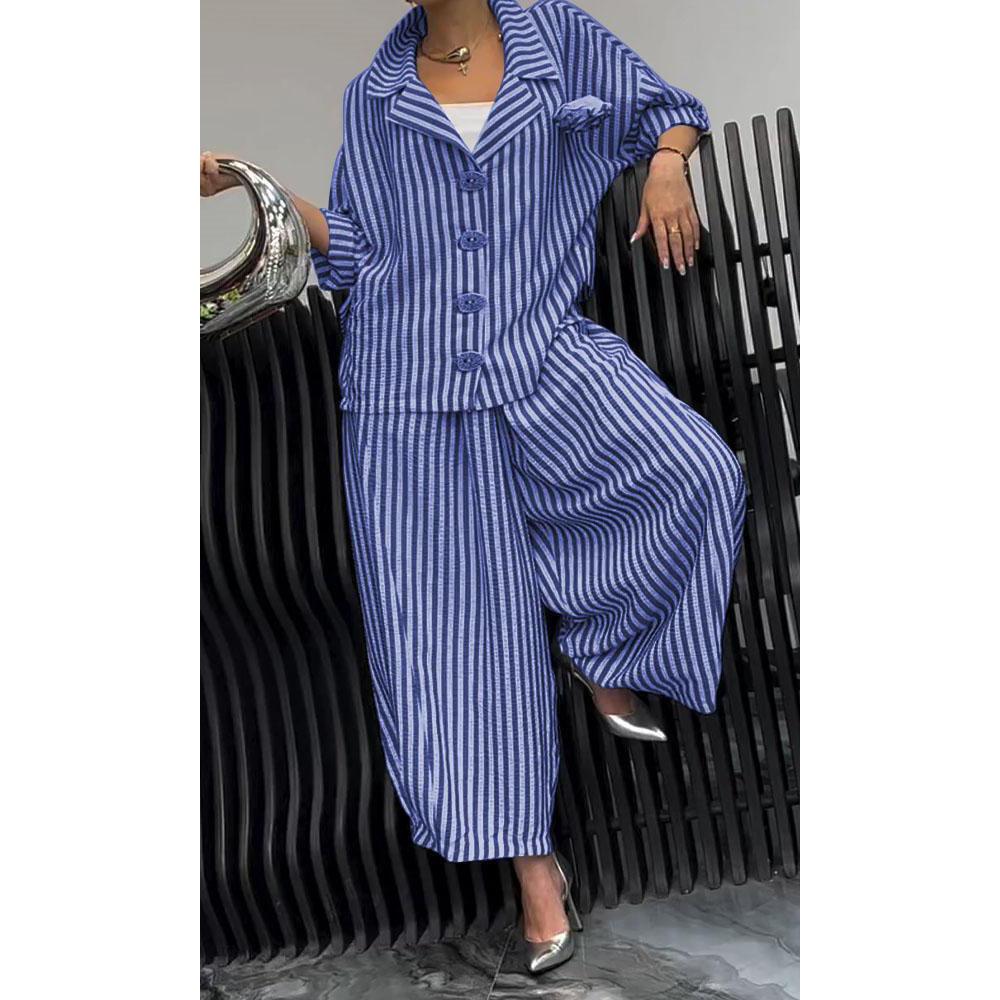 Spring Fall Women's 2 Piece Set Suit Office Lady Floral Striped Loose Blazer Casual Wide Leg Pants Suits for Women Clothing