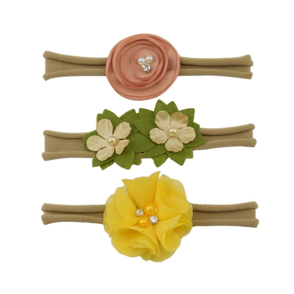 Children'S Nylon Headband Three-Piece Elastic Soft Headband Green Flower Headgear Versatile Head Flower Set