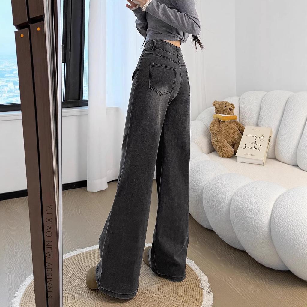 Women's Retro Wide-Leg A-Line Jeans - Pear Shape Slimming, Loose Drape, Floor-Length Pants for Spring & Autumn
